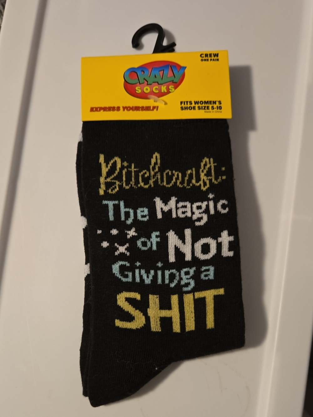 Women's Black Novelty Crew Socks - 'The Magic of Not Giving a Shit'